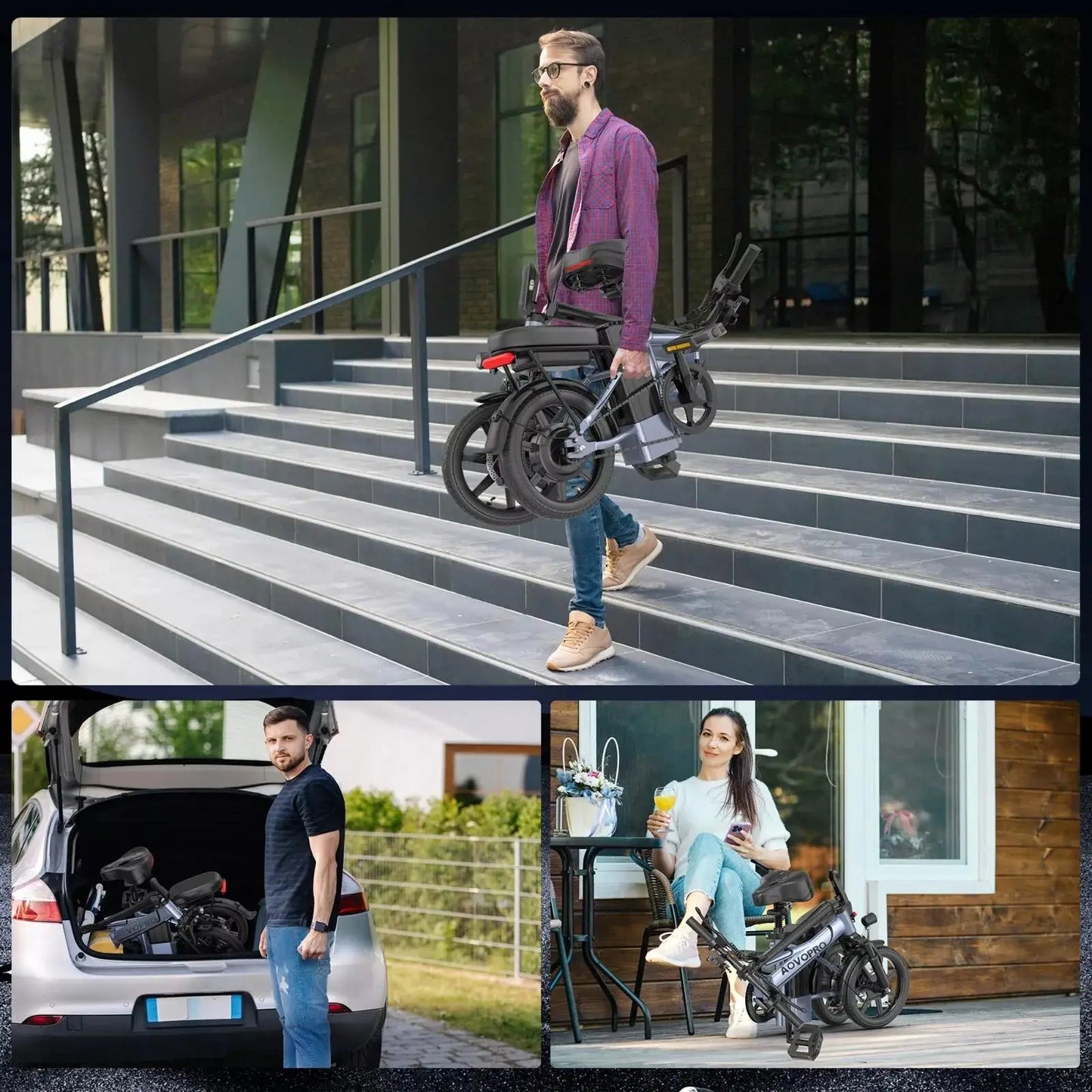 AOVOPRO 14inch EB60 Foldable Ebike 500W 48V 10.4AH Electric Bicycle 22MPH 28Miles Long Range with Two Seats for Adult