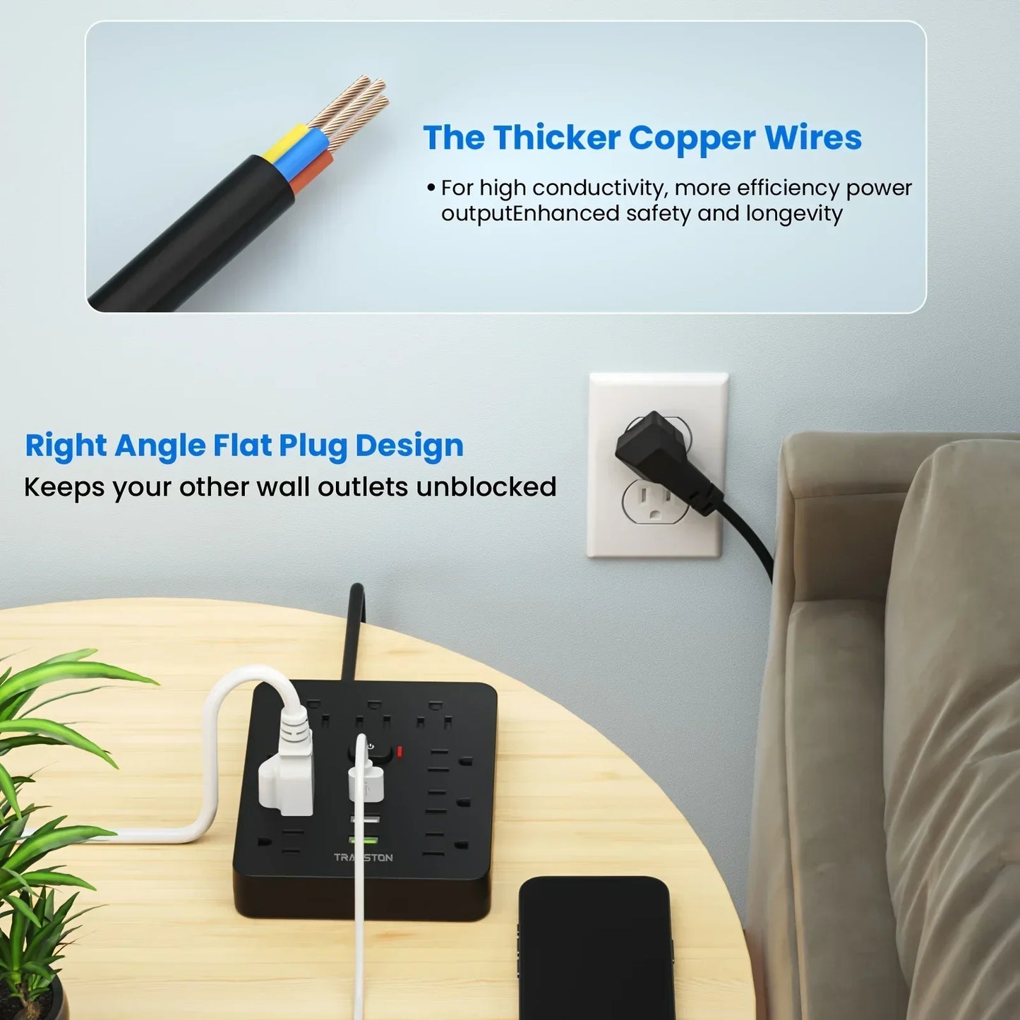 TRANSTON 9 Outlet Power Strip with USB Ports and Flat Plug Design on a table.