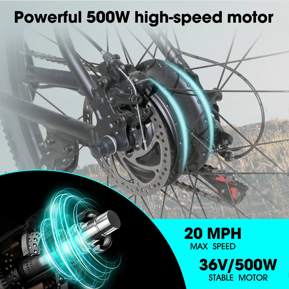 HILAND 26 Inch Electric Mountain Bike with 500W motor and 36V battery, capable of 20 MPH speed.