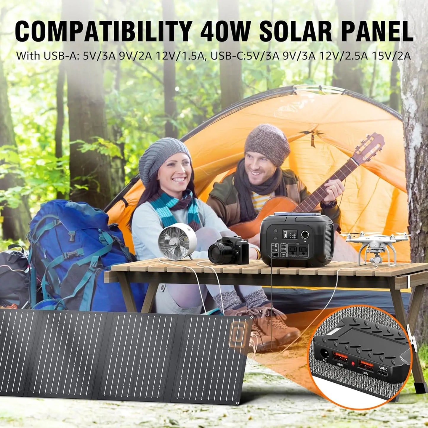 300W portable power station with 260Wh capacity, 40W solar panels, and AC outlet for camping.