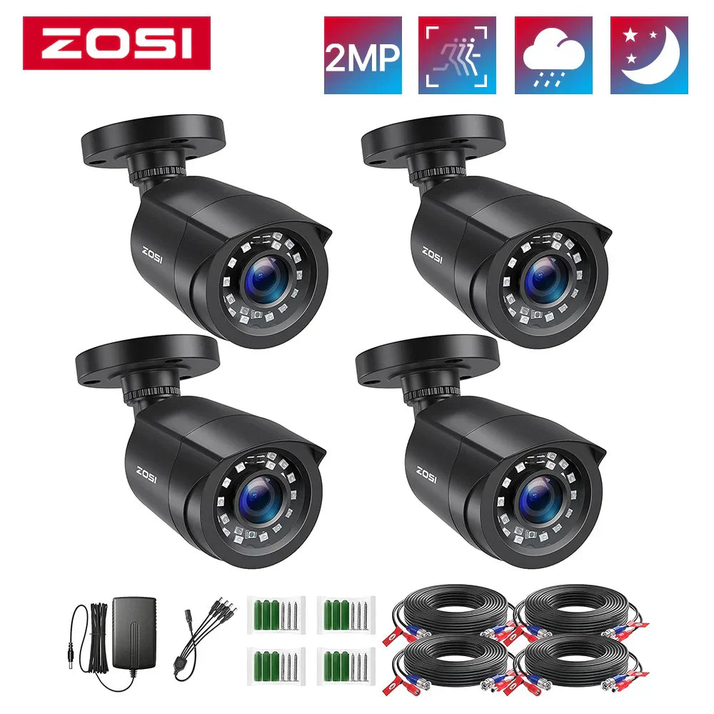 ZOSI 1080P 4 Pack HD TVI Indoor/Outdoor Analog Security Cameras, black bullet style, waterproof, 2MP CMOS sensor, 90° viewing angle, 80ft IR distance.