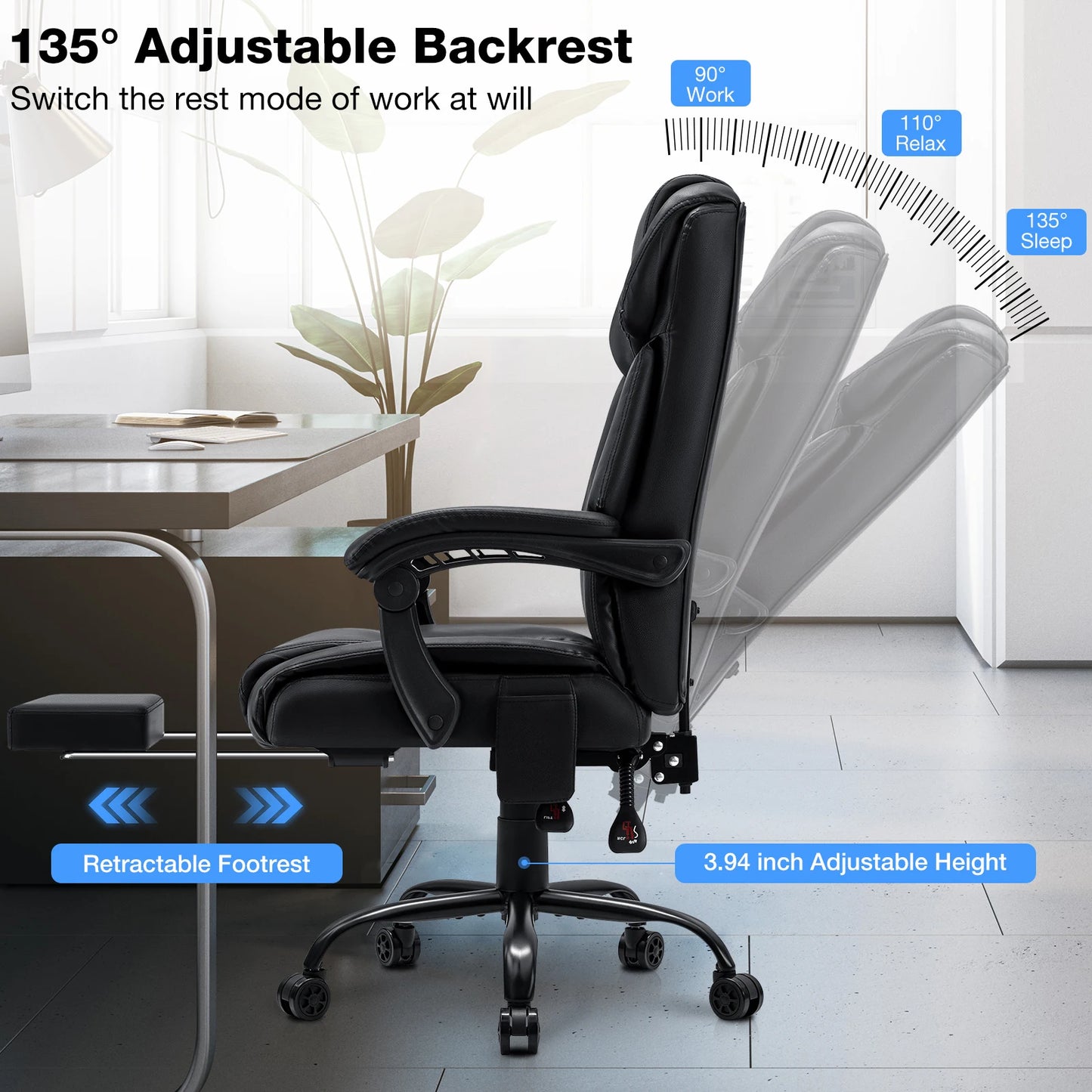 Black Massage Office Chair with Heat and Footrest Reclining