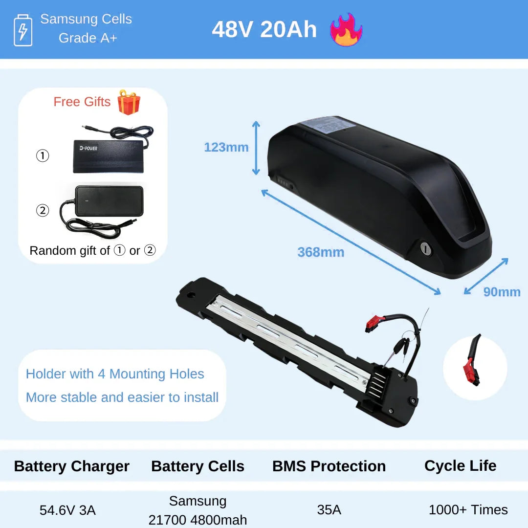 20AH lithium ebike battery with 48V capacity and BMS protection.