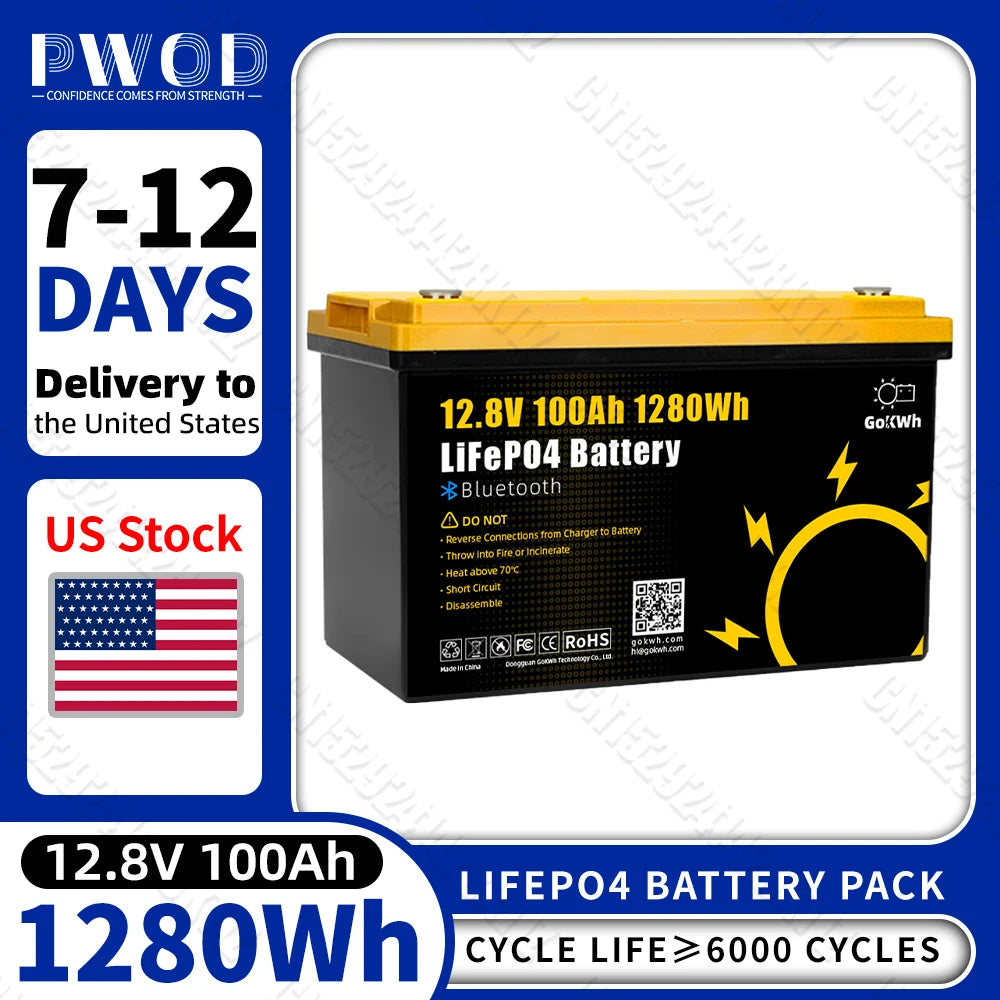 12V 100Ah LiFePO4 Battery Pack with Bluetooth BMS Grade A Lithium Rechargeable Cell