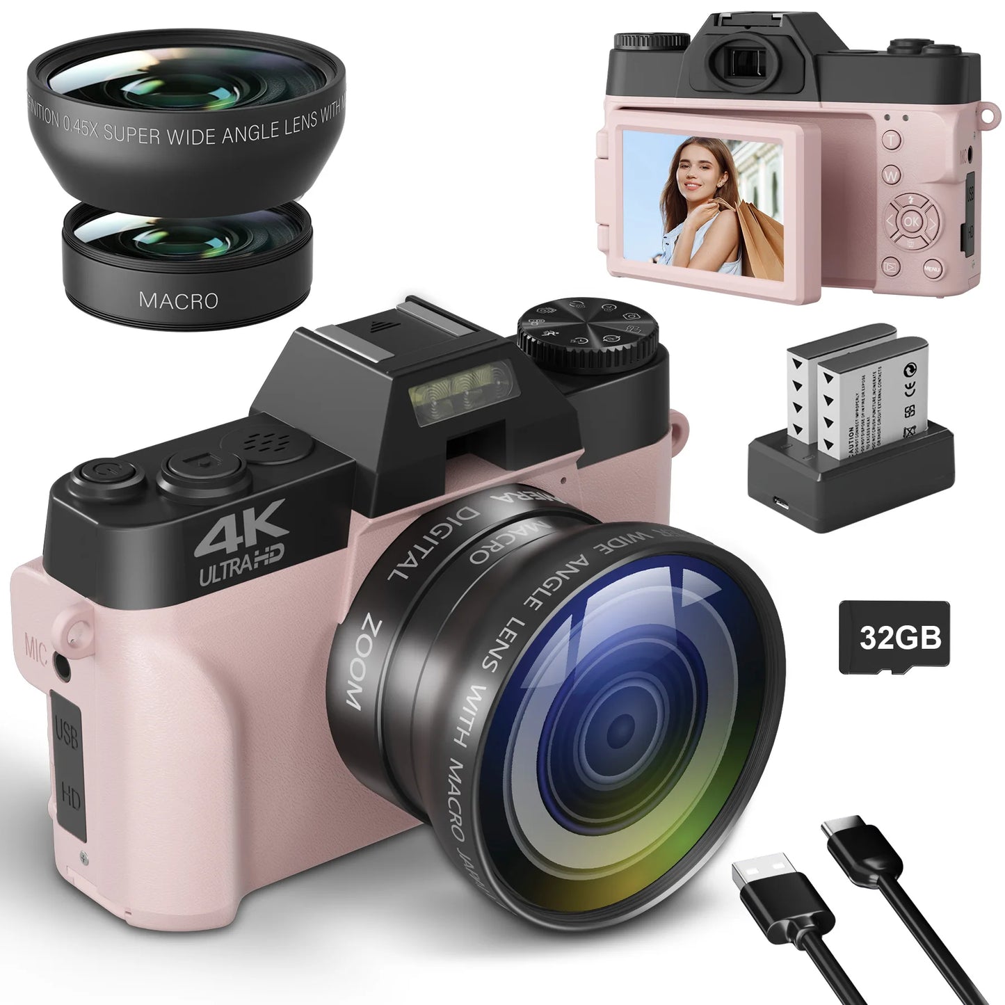 Compact Digital Camera 4K WIFI Webcam 64MP Camcorder 3-Inch Flip Screen Wide Angle