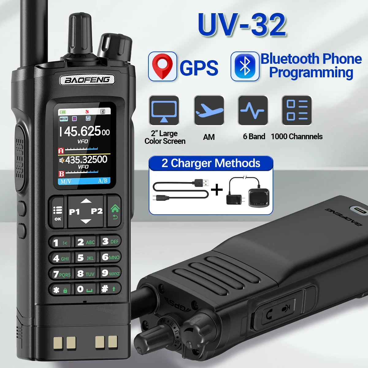 Baofeng UV-32 10W GPS Walkie Talkie Multi Band Bluetooth Type-C Long Range