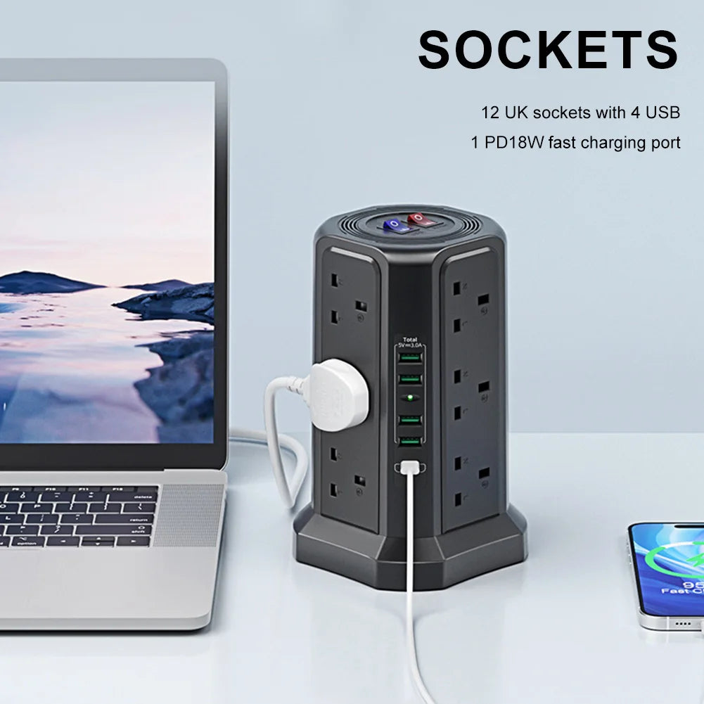 13A 3250W Tower Power Strip with 12 Outlets and 5 USB Ports, PD18W Fast Charging