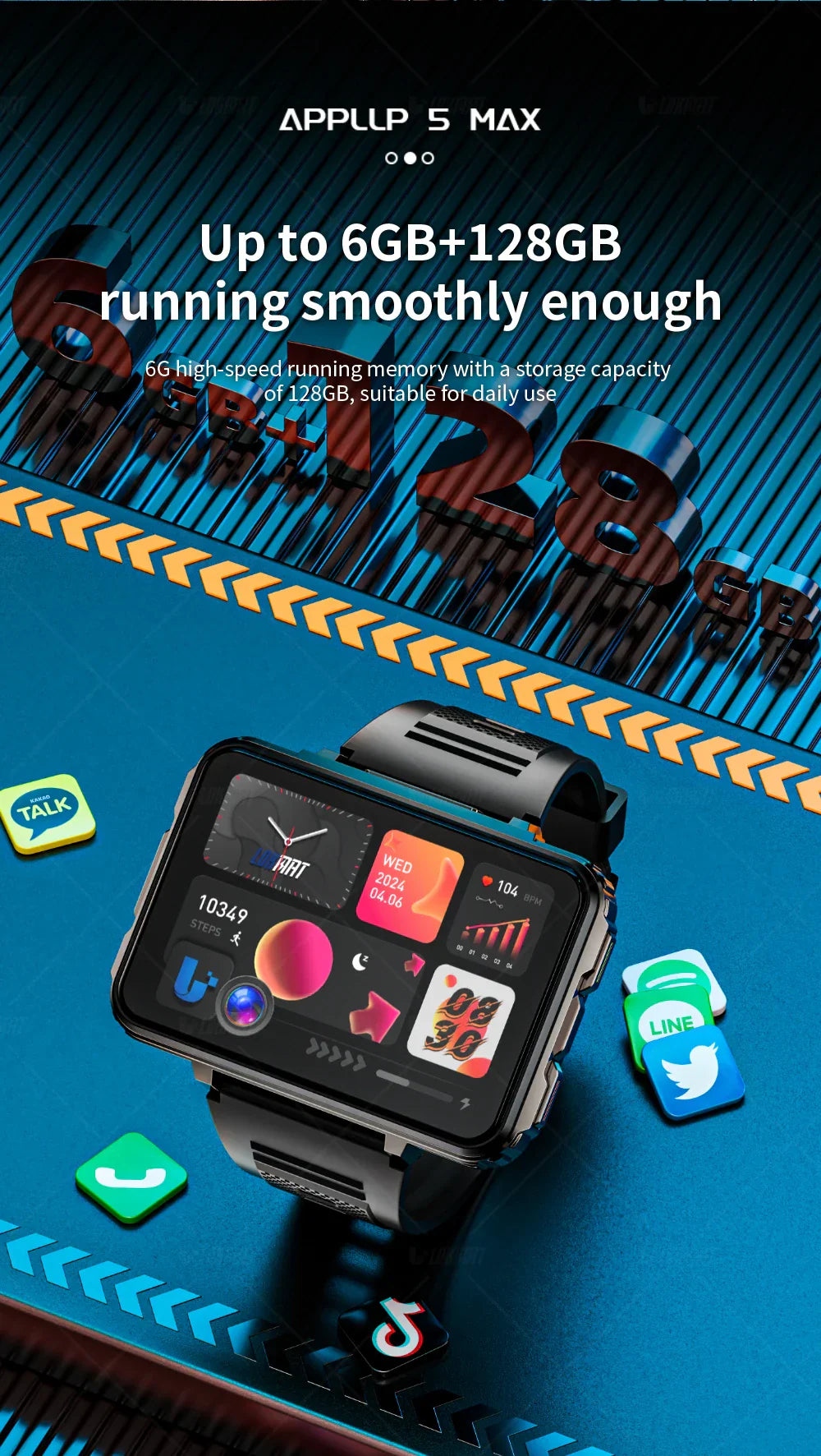 LOKMAT APPLLP 5 MAX Android smartwatch phone with 4G, dual camera, 2.4-inch square TFT display, fitness and health tracking, 64GB ROM, 4GB RAM, voice assistant, GPS, Bluetooth 5.0, and life waterproof design