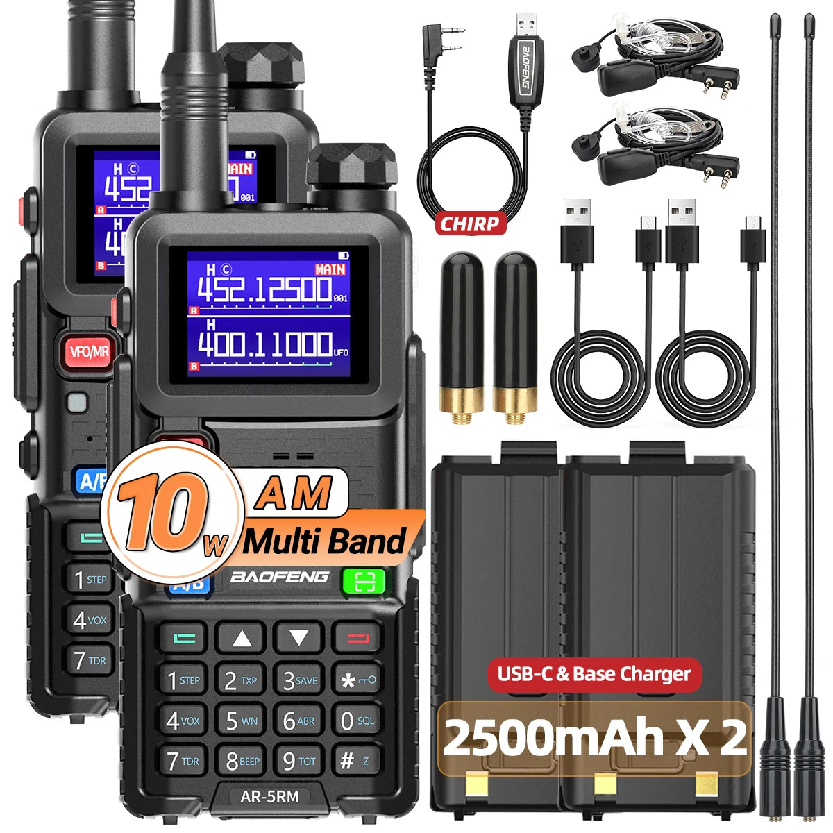 2PCS Baofeng AR-5RM 10W Walkie Talkie Multi Band Type-C Wireless Copy 999CH
