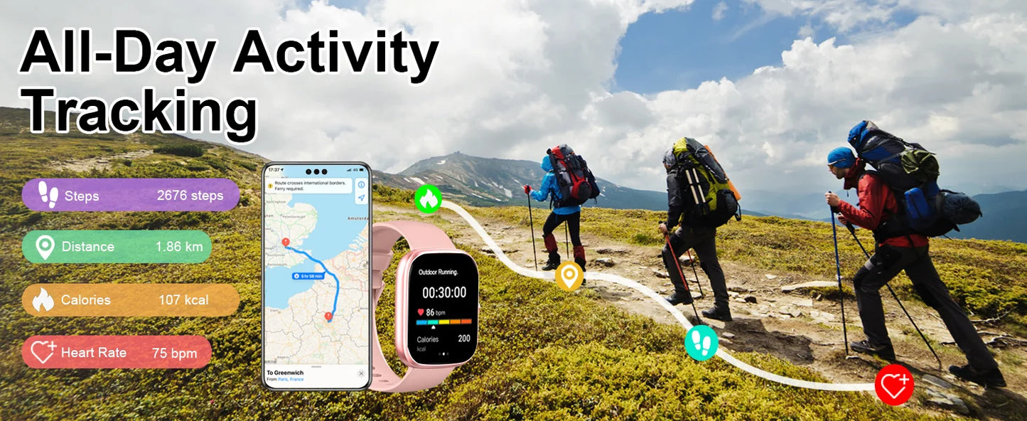 1.91 inch smartwatch with all-day activity tracking, heart rate monitor, GPS, and fitness tracking features displayed alongside hikers.