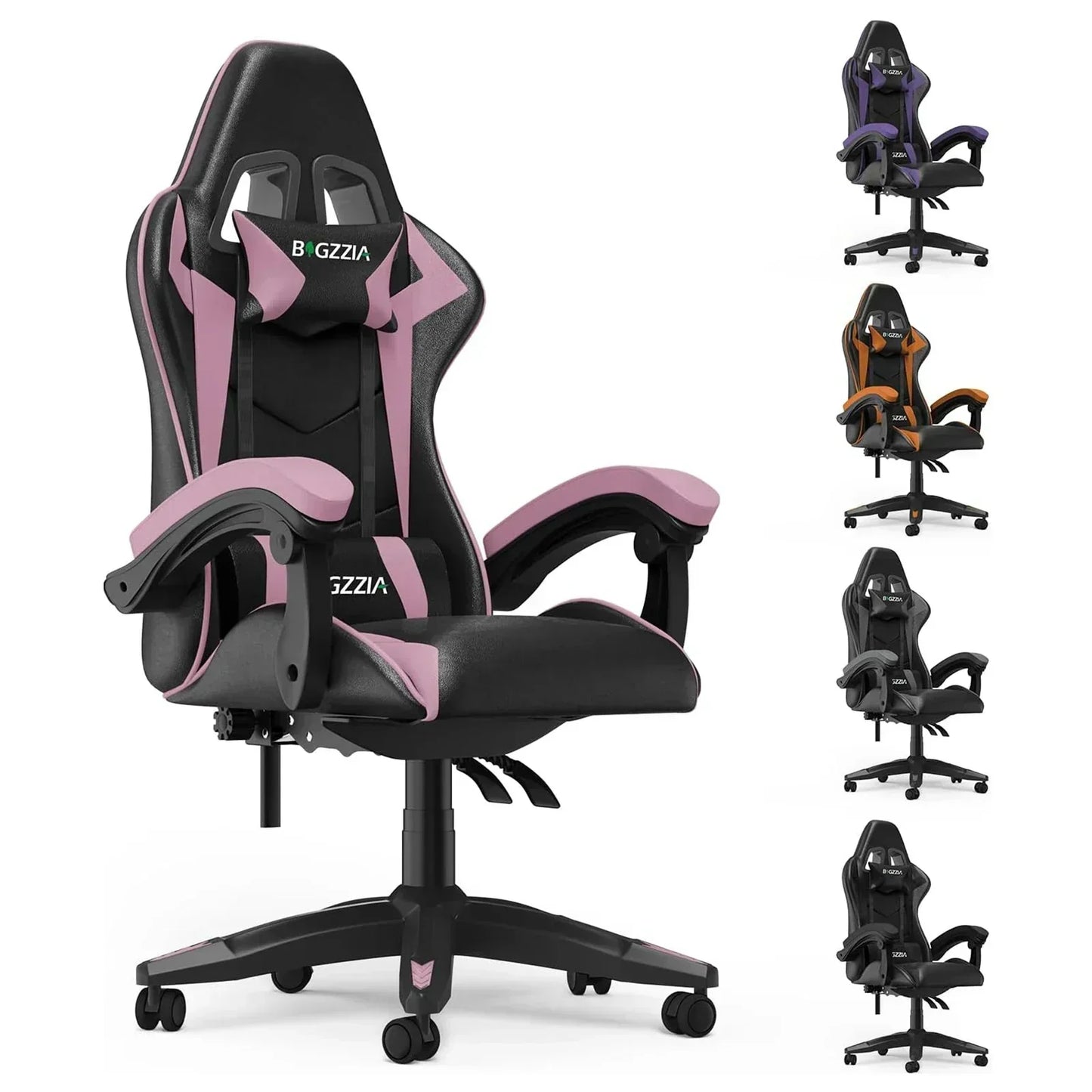 Office/gaming chair with headrest and lumbar support in black-pink, black-orange, black-grey, black-purple, and black options.