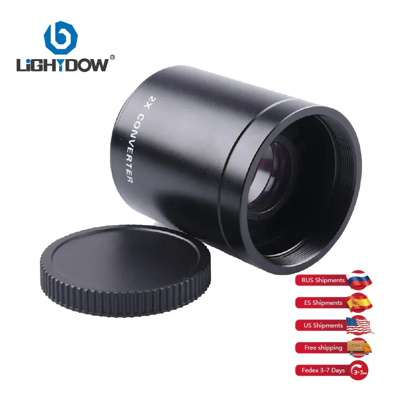 Lightdow 2X Teleconverter for T-Mount lenses, compatible with Canon, Nikon, Pentax, Sony, and others, with manual focus.