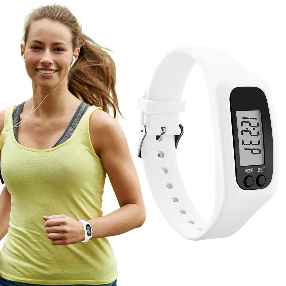 LED Pedometer Bracelet Calorie Counter Fitness Watch in white silicone design, worn by a woman jogging.