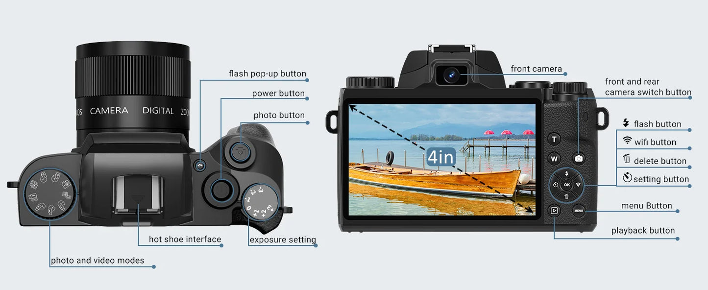 Digital Camera 4K 64MP WiFi Vlogging Camera with Flash Lens Hood Dual Cameras 4" Touch Screen
