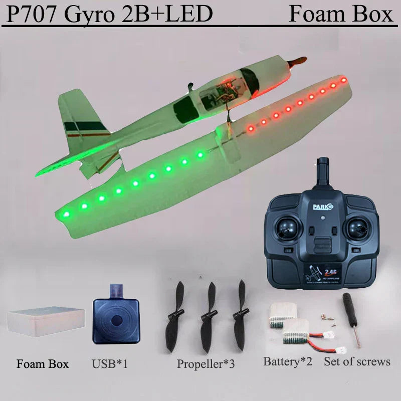 Park10 RC Airplane P707G with LED lights, remote controller, and accessories in foam box.