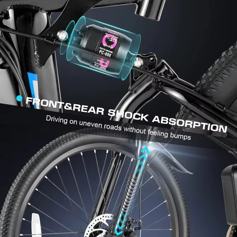QVivi 750W Folding Electric Mountain Bike with shock absorption system and 26-inch wheels.