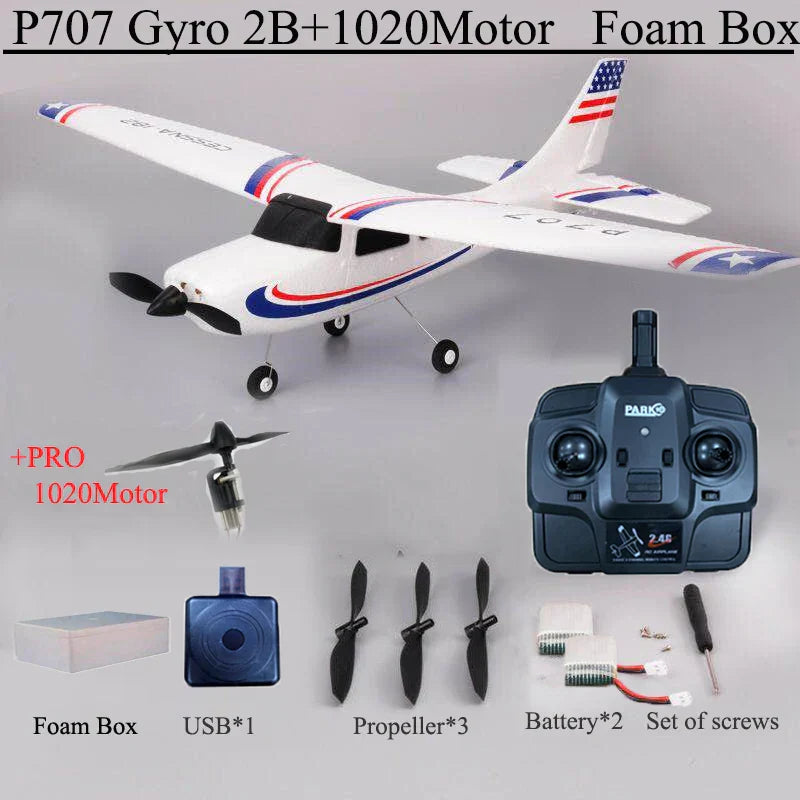 Park10 RC Airplane P707G 3Ch Cessna with Gyroscope, Controller, and Accessories.