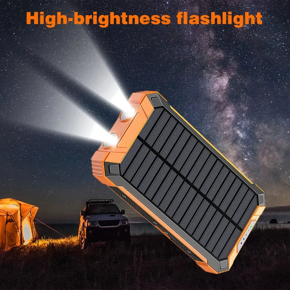 Solar Power Bank 10000mAh Portable Wireless Fast Charging with 4 USB Ports and 2 LED Lights