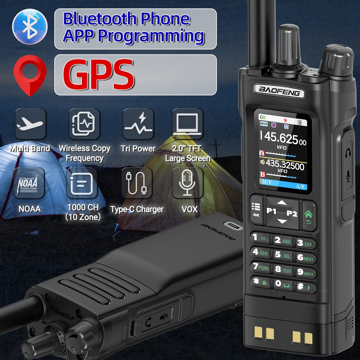 Baofeng UV-32 10W GPS Walkie Talkie Multi Band Bluetooth Type-C Long Range