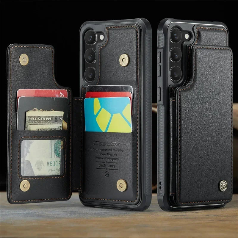Caseme Leather Wallet Phone Case for Samsung Galaxy S24 Ultra, featuring magnetic closure and card pocket.