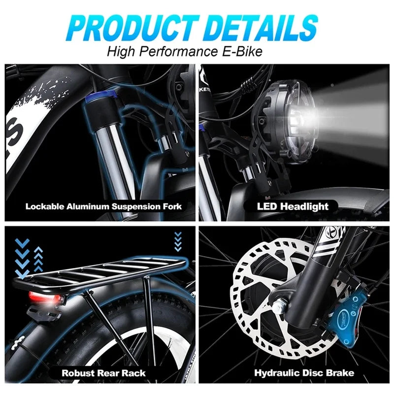 KETELES K800 electric mountain bike with 2000W motor, LED headlight, hydraulic disc brake, suspension fork, and rear rack.
