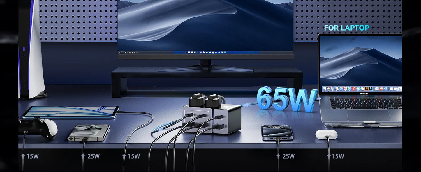 8-Port 160W GaN Charging Hub with 65W Max Output for Multiple Devices and Travel
