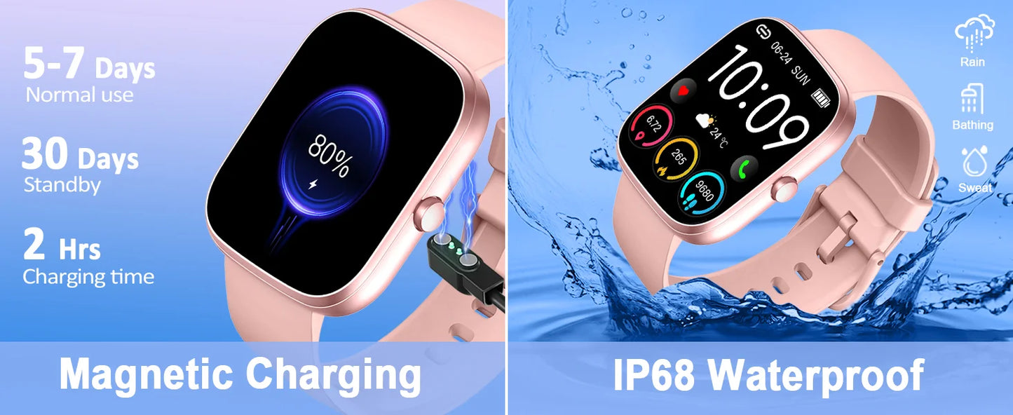 1.91 Inch smartwatch with magnetic charging and IP68 waterproof features, displaying charging and time details.