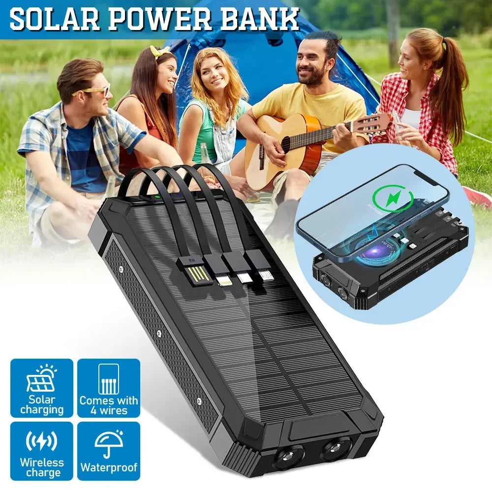 Solar Power Bank 10000mAh Portable Wireless Fast Charging with 4 USB Ports and 2 LED Lights