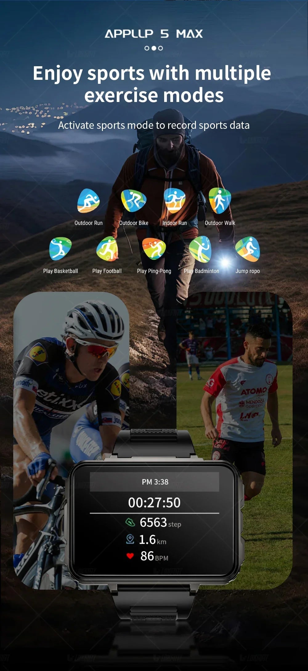 LOKMAT APPLLP 5 MAX Android smart watch phone with 4G, dual camera, flashlight, multiple sport modes and fitness tracking features