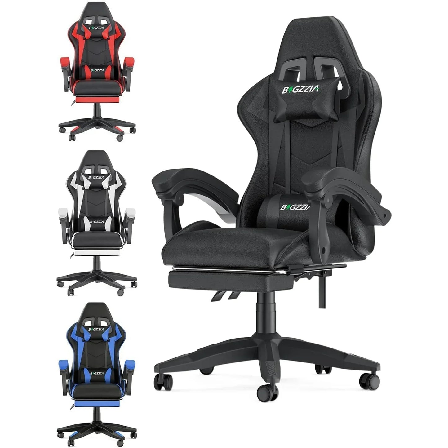 Gaming chair with footrest and adjustable headrest in black, red, white, blue colors.