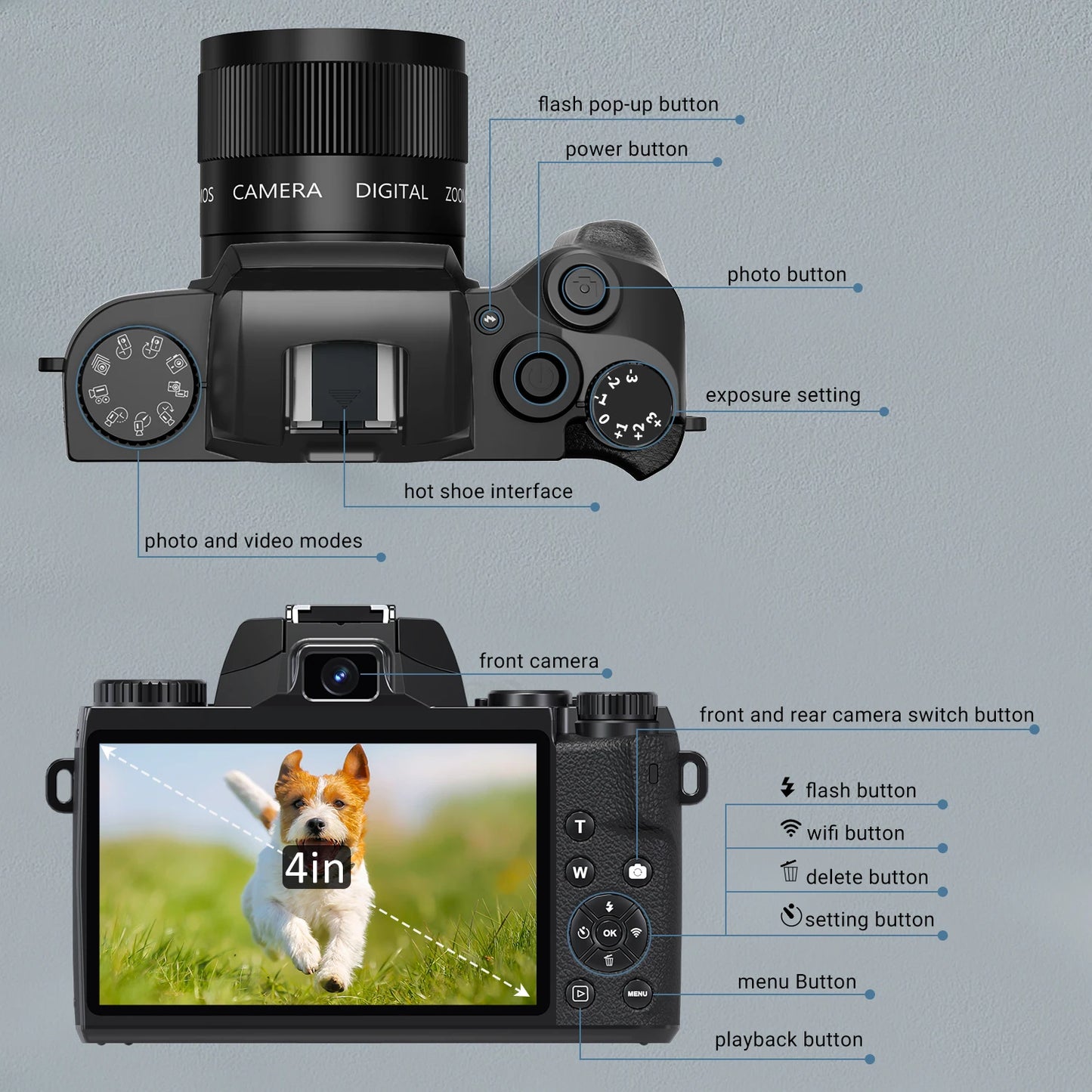 Digital Camera 4K 64MP WiFi Vlogging Camera with Flash Lens Hood Dual Cameras 4" Touch Screen