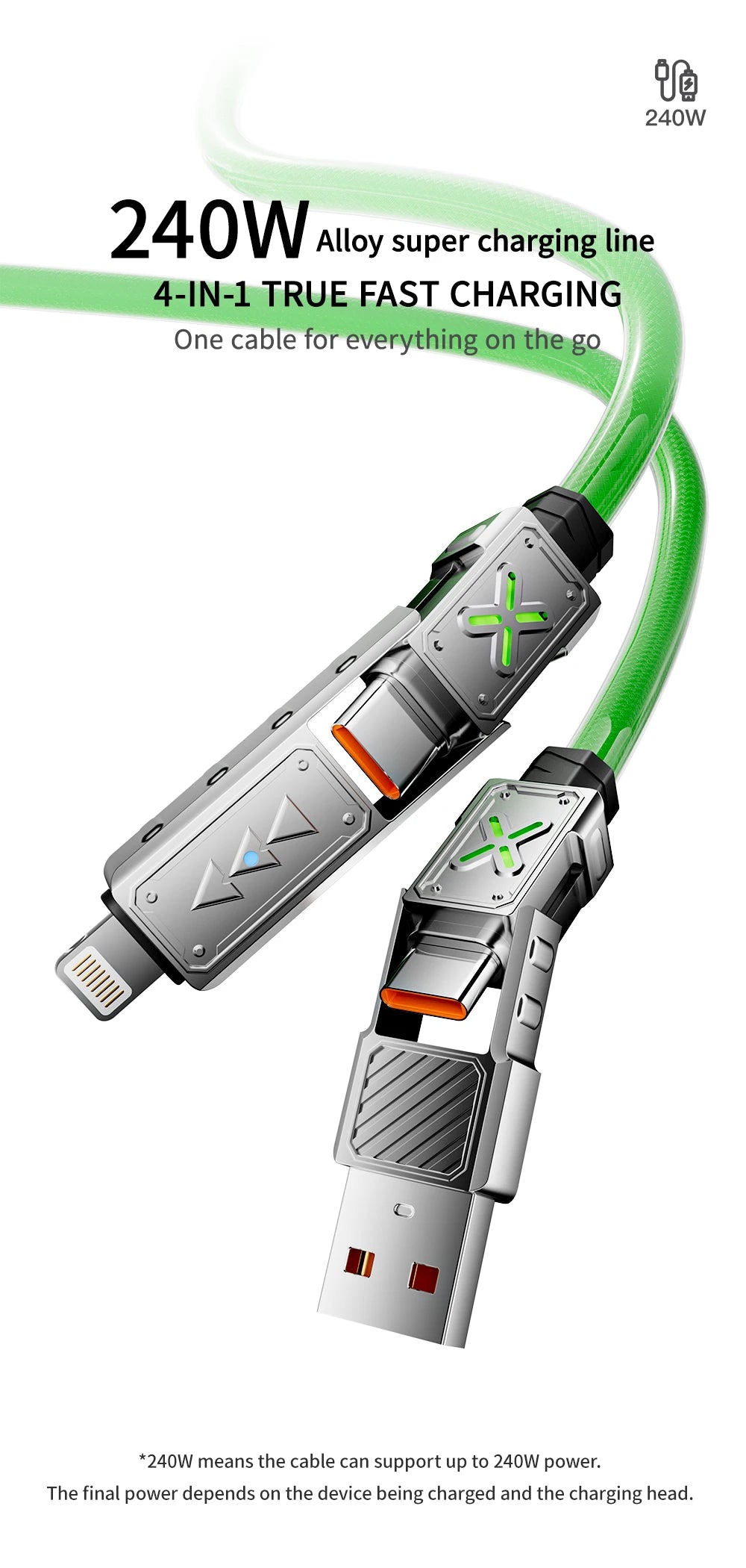 240W 4 in 1 Super Fast Charging Cable USB C to Type C Zinc Alloy for iPhone Samsung Xiaomi Multi Port Charger
