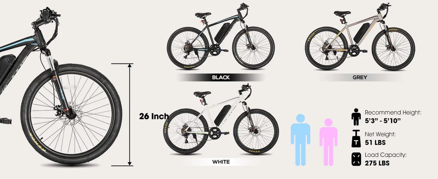HILAND 26 Inch Electric Mountain Bike, 500W, with removable battery, available in black, white, and grey.