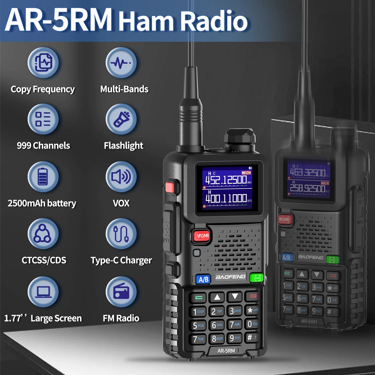 2PCS Baofeng AR-5RM 10W Walkie Talkie Multi Band Type-C Wireless Copy 999CH