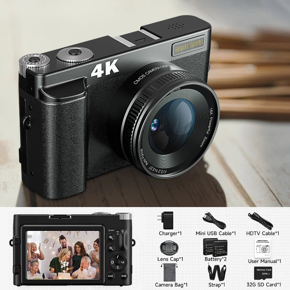 ZOSTUIC 4K Digital Camera with 48MP Autofocus 180° Flip Screen and 16X Zoom for Photography and Vlogging