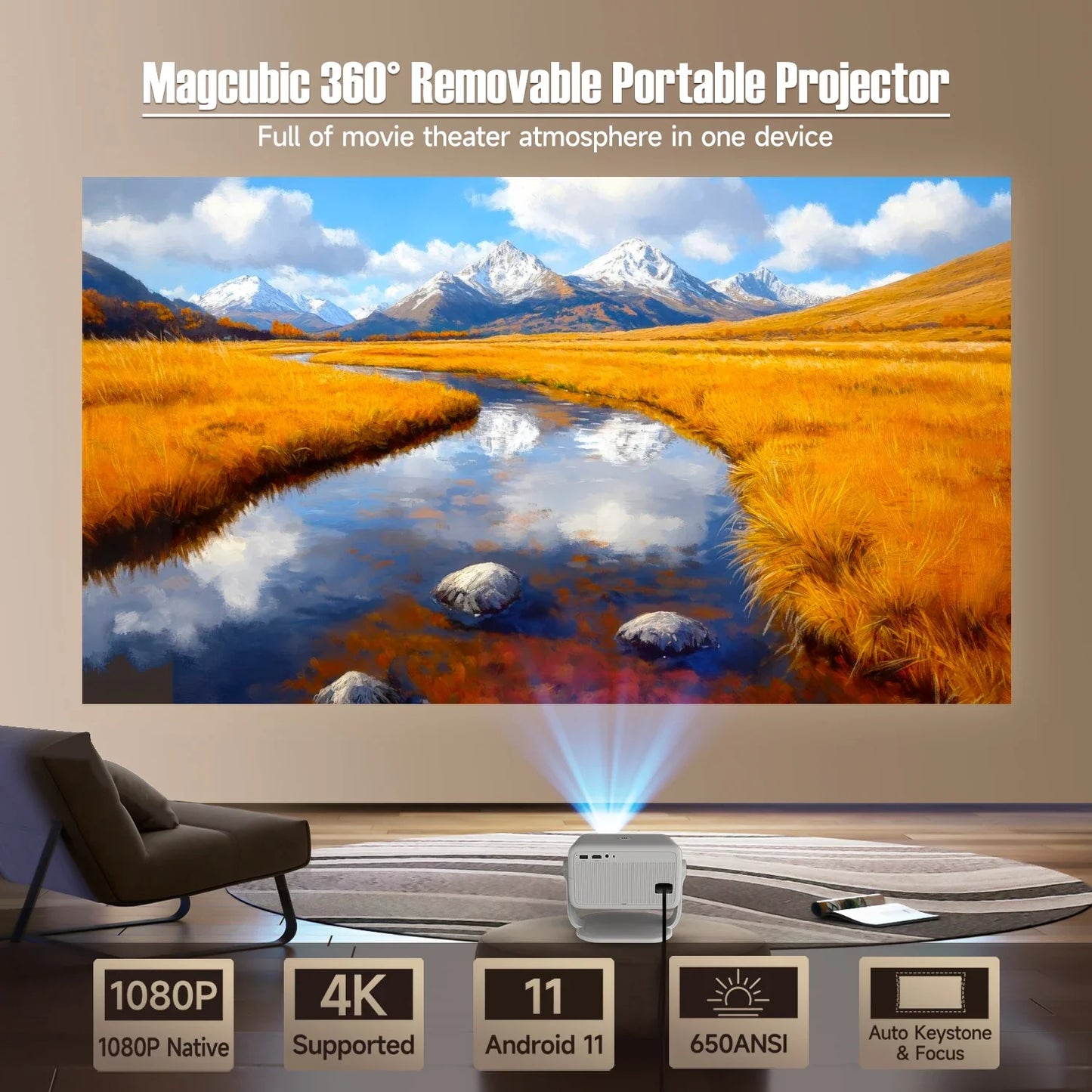 Magcubic L018 650ANSI 4K projector with native 1080P, auto focus, WiFi6, Android 11, portable digital cinema projector displaying vibrant mountain landscape