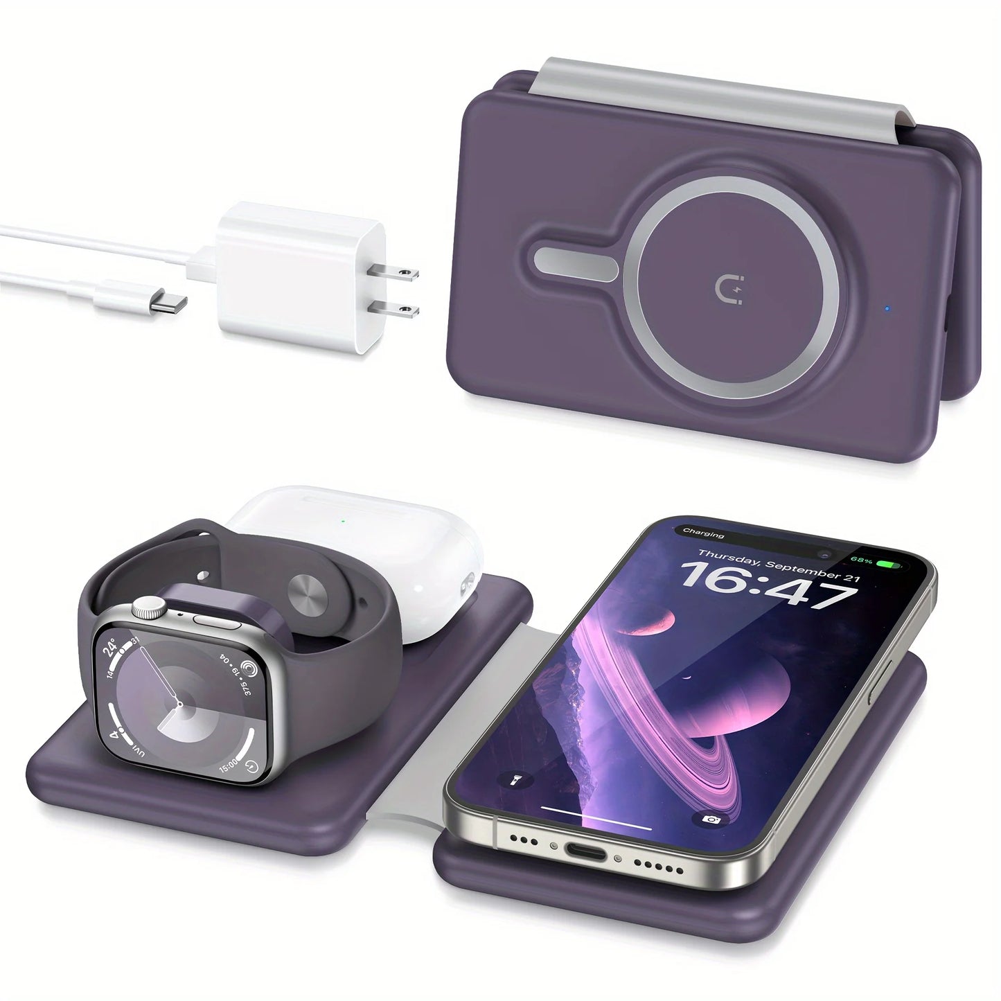 3-in-1 Wireless Charger Travel Charging Station for Multiple Devices Portable Foldable Magnetic Pad