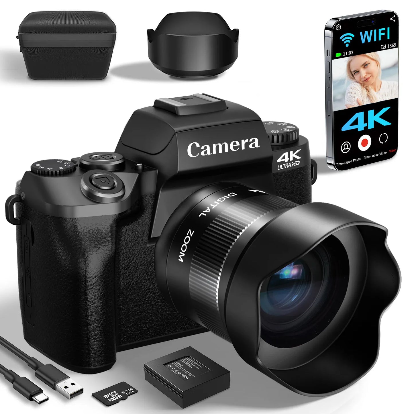Digital Camera 4K 64MP WiFi Vlogging Camera with Flash Lens Hood Dual Cameras 4" Touch Screen