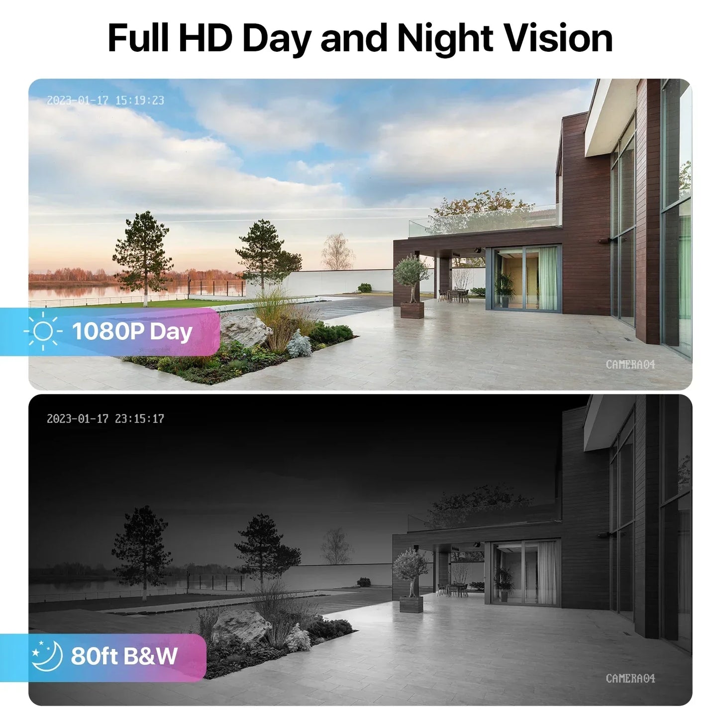 ZOSI 1080P HD TVI black bullet security cameras with 3.6mm lens for indoor/outdoor use, weatherproof, night vision up to 80ft.