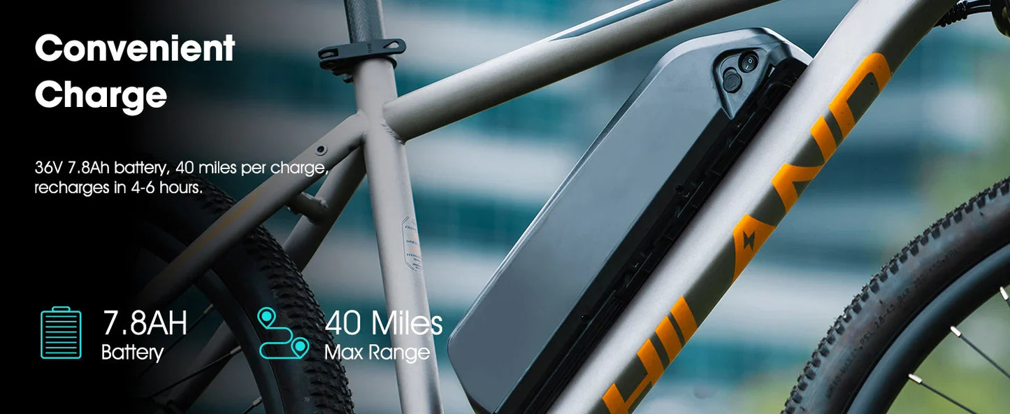 HILAND 26 Inch Electric Mountain Bike with 36V removable battery and 40-mile range.