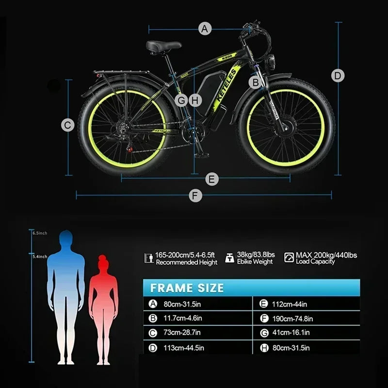 KETELES K800 Adult Electric Mountain Bicycle with 2000W Motor, 48V Battery, and 26 Inch Fat Tires.