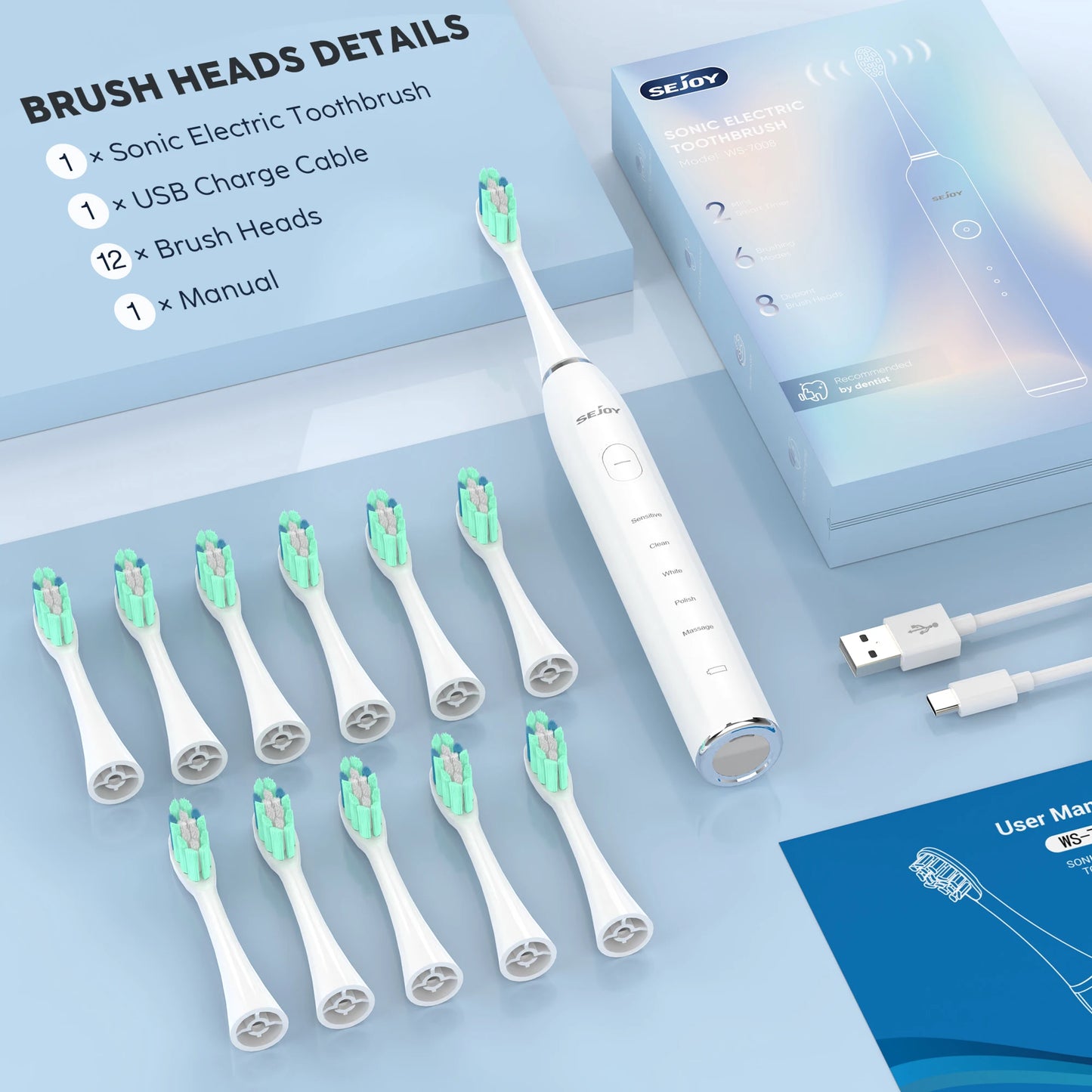 Smart Rechargeable Electric Toothbrush with 12 Heads 5 Modes