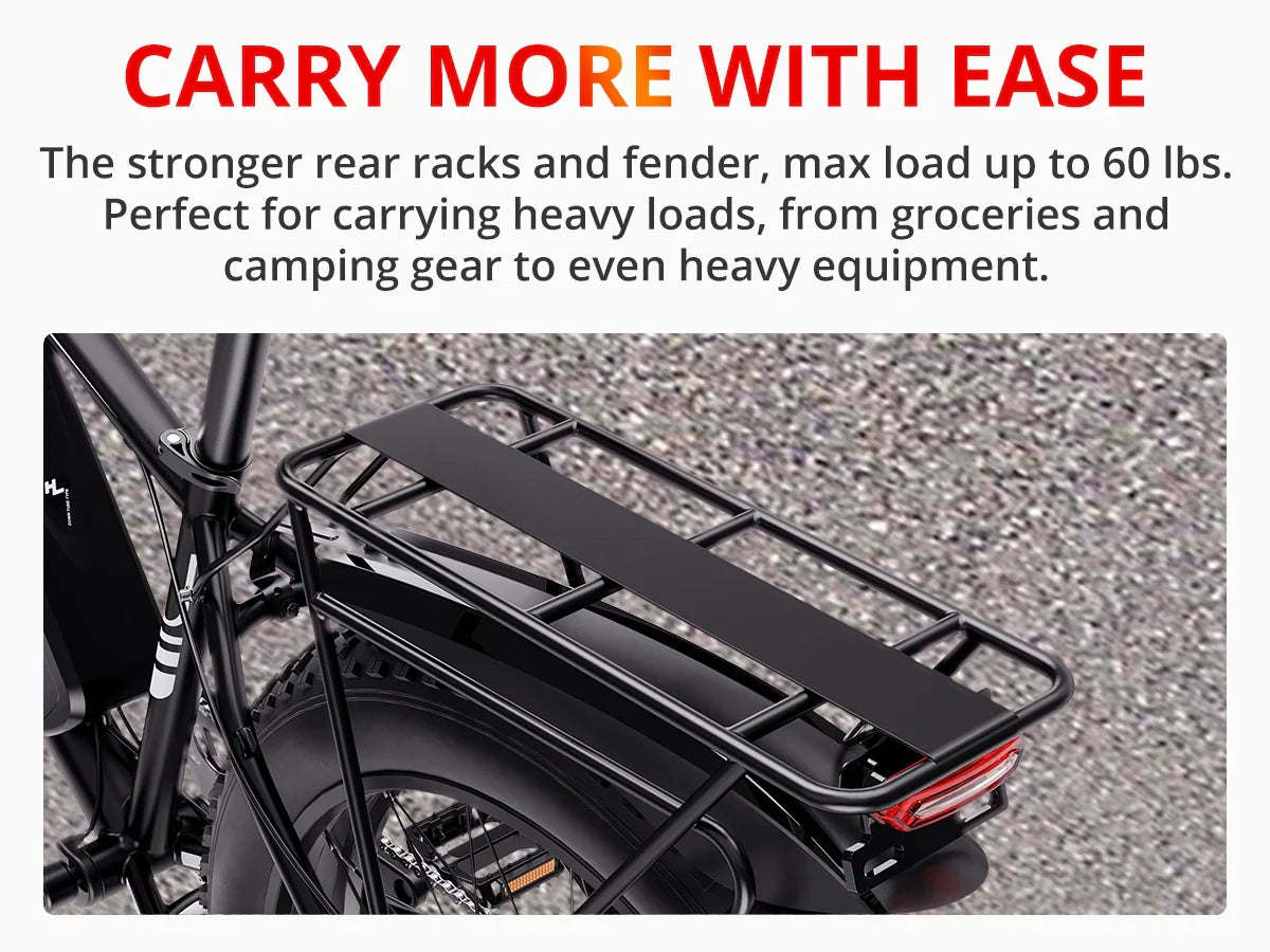 AMYET EB26 1000W Electric Bike with sturdy rear rack for carrying heavy loads.