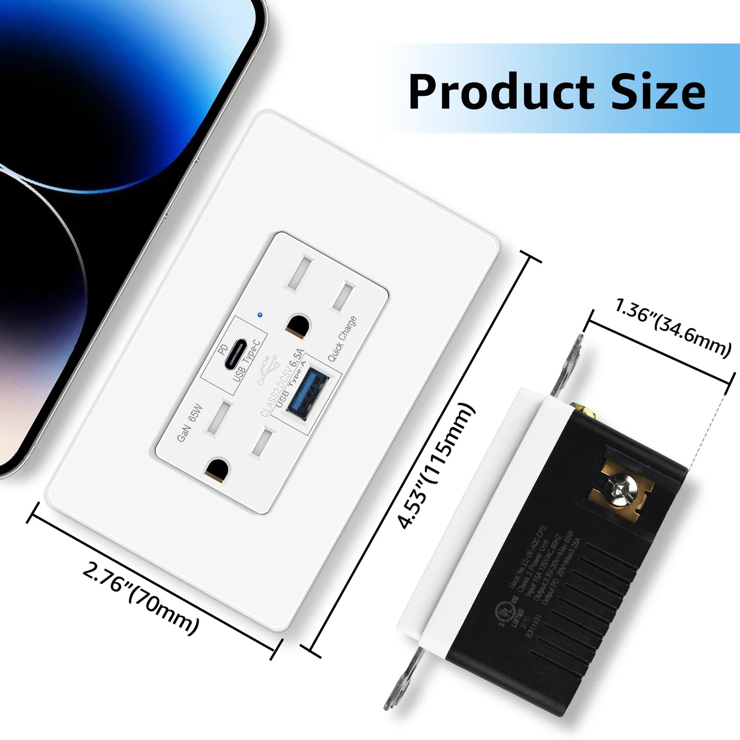 65W PD3.0 USB-C Fast Charging Outlet with 15A Receptacle Plug