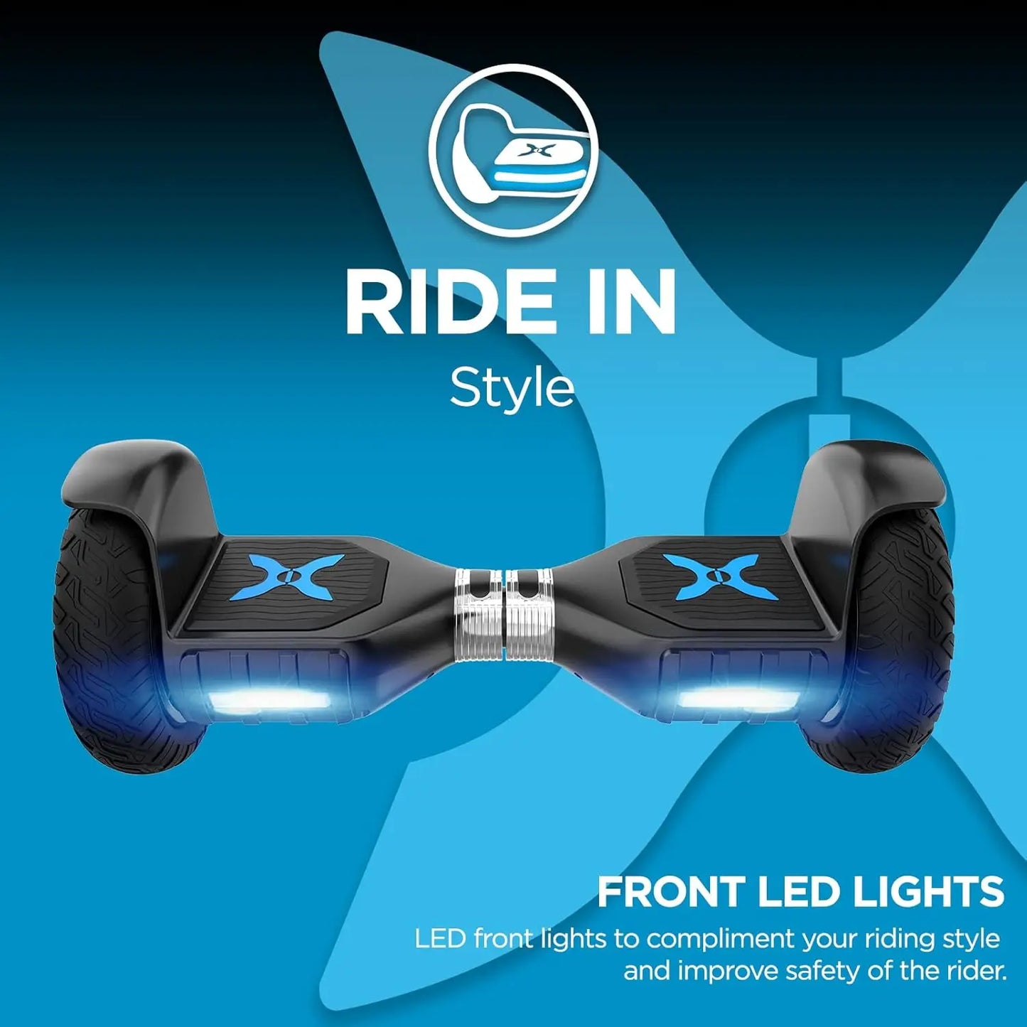 Hover-1 Ranger Pro Hoverboard in black with front LED lights, steel frame, and lithium battery.