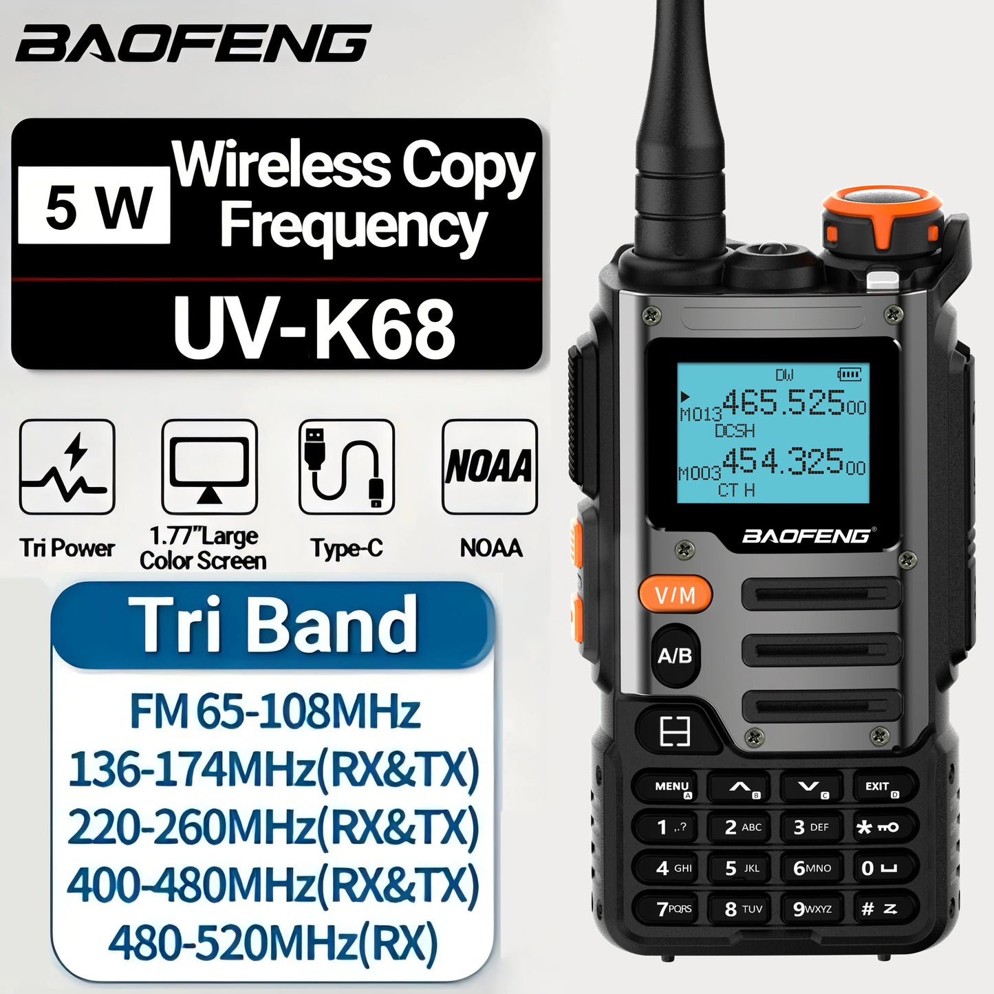 Baofeng UV-K68 Walkie Talkie Air Band Radio UHF VHF TYPE-C Charge