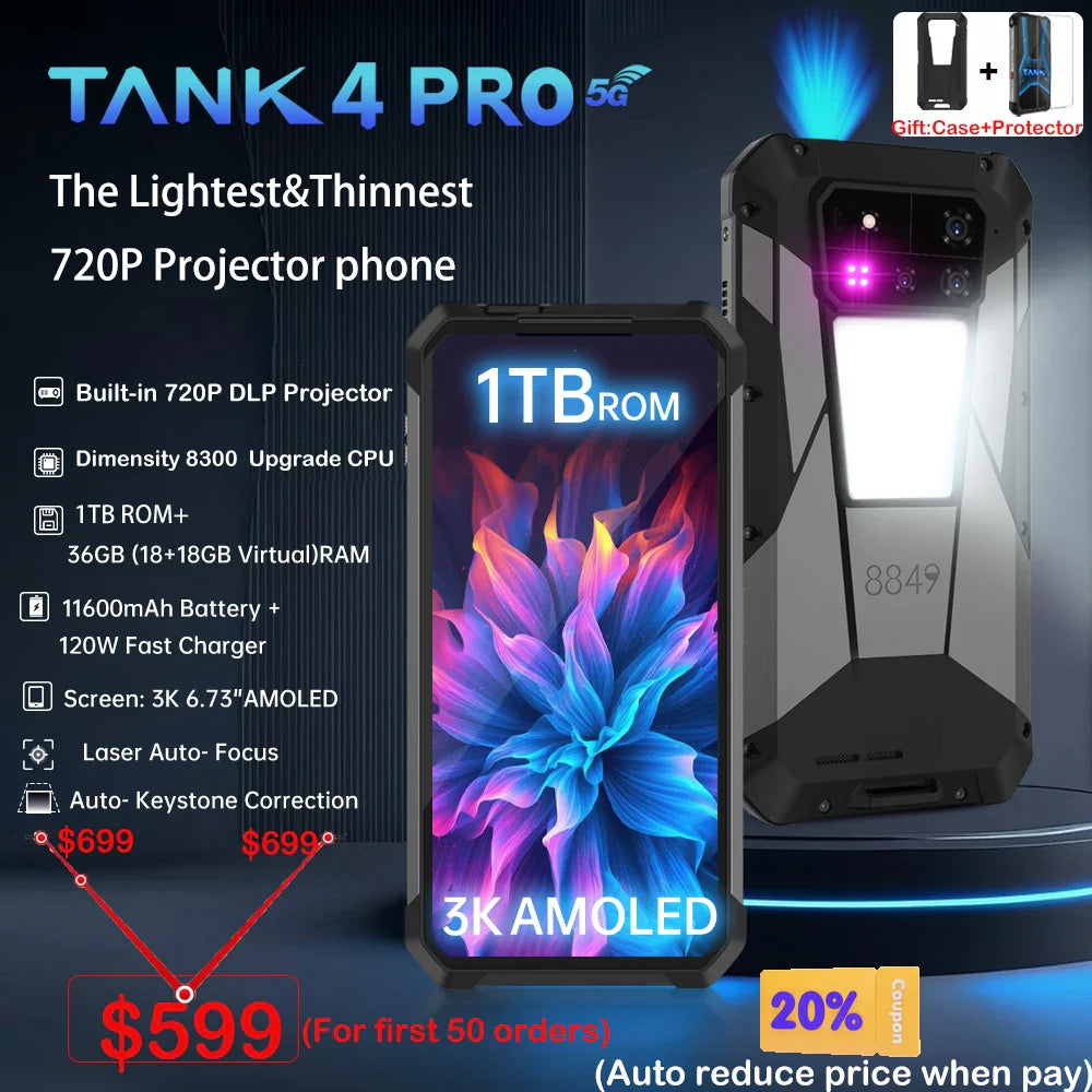 8849 Tank 4 Pro rugged 5G smartphone with built-in 720P projector, 1TB storage, 36GB RAM, 6.73-inch 3K AMOLED display, 11600mAh battery, and laser auto-focus rear cameras
