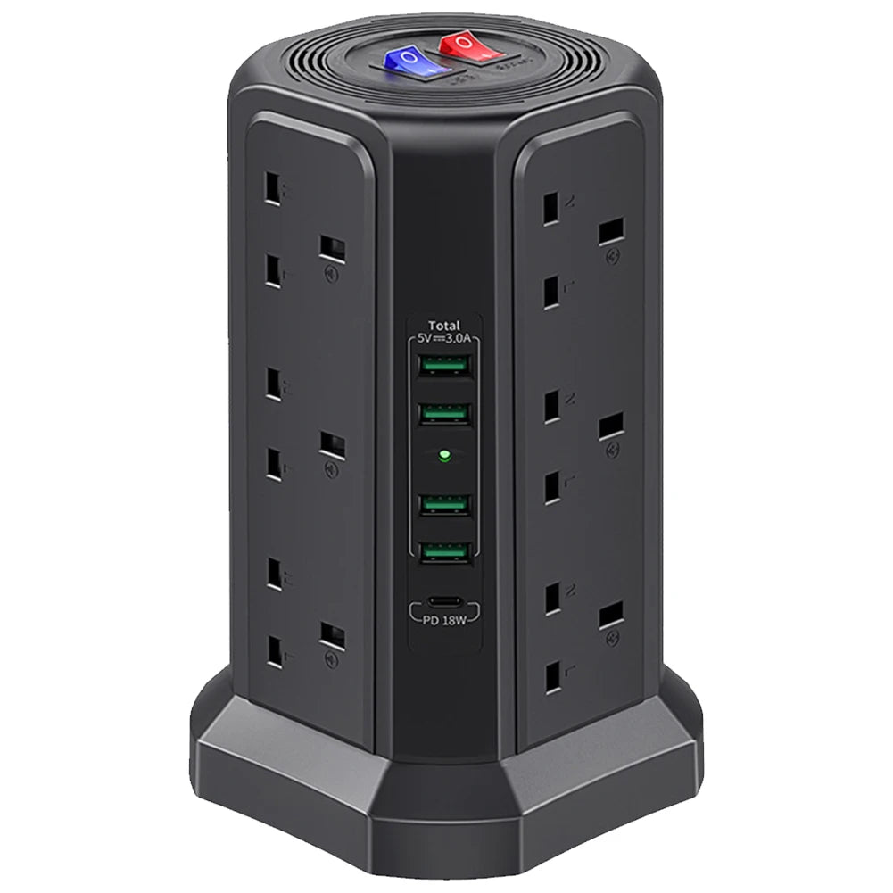 13A 3250W Tower Power Strip with 12 Outlets and 5 USB Ports, PD18W Fast Charging