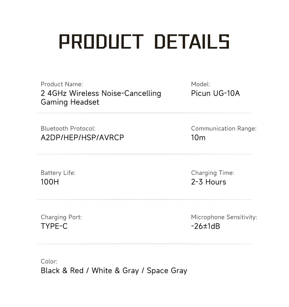 Picun UG-10A Wireless Gaming Headset 2.4G Bluetooth 6.0 Wired 56dB Mic 40mm Drivers Over Ear