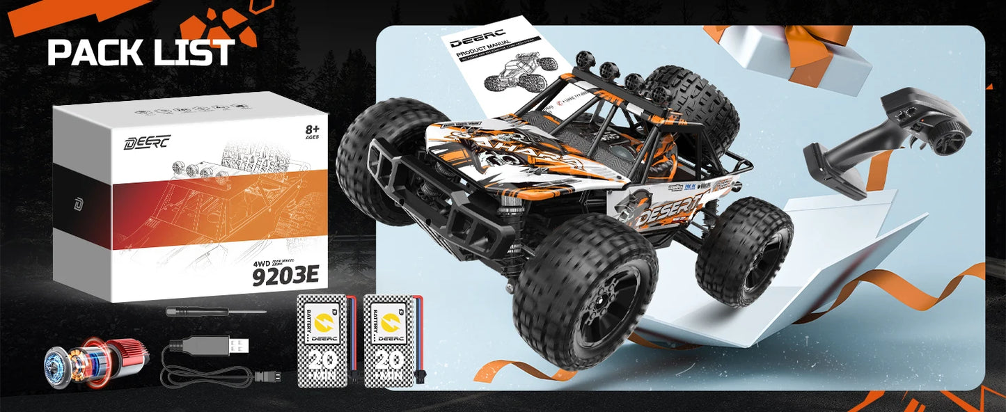 DEERC 9203E 1:10 Scale RC Truck 48KM/H 4X4 Lights 2 Batteries 2.4GHz All-Terrain 30 Min Play